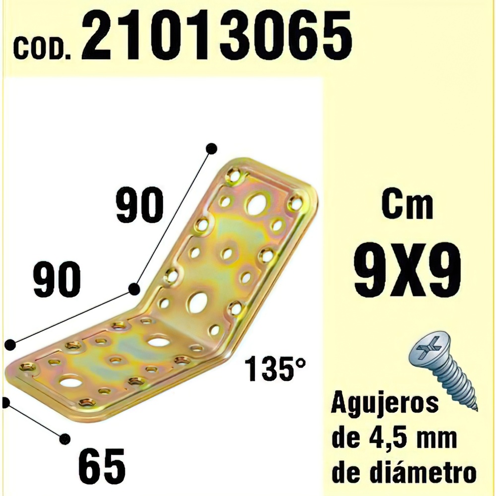 Soporte / Palomilla para madera &aacute;ngulo bicromatado 135&deg;. - Medidas: 65x90x90 mm. - Inclinaci&oacute;n 135&ordm;. - Realizado en metal.
